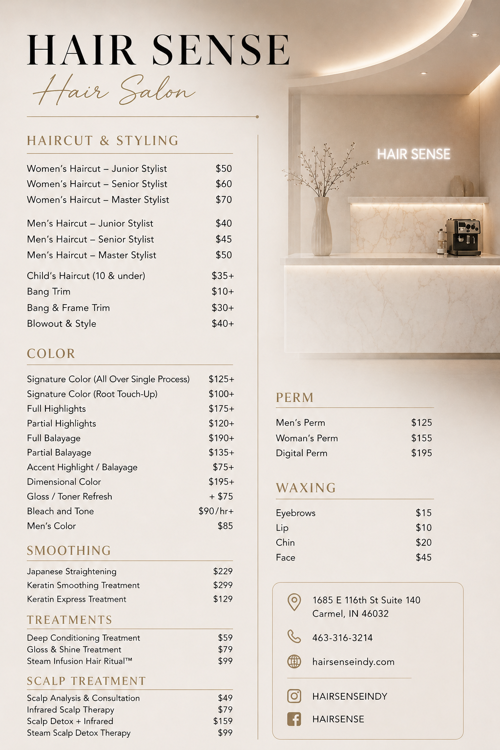 Hair Sense service menu enlarged